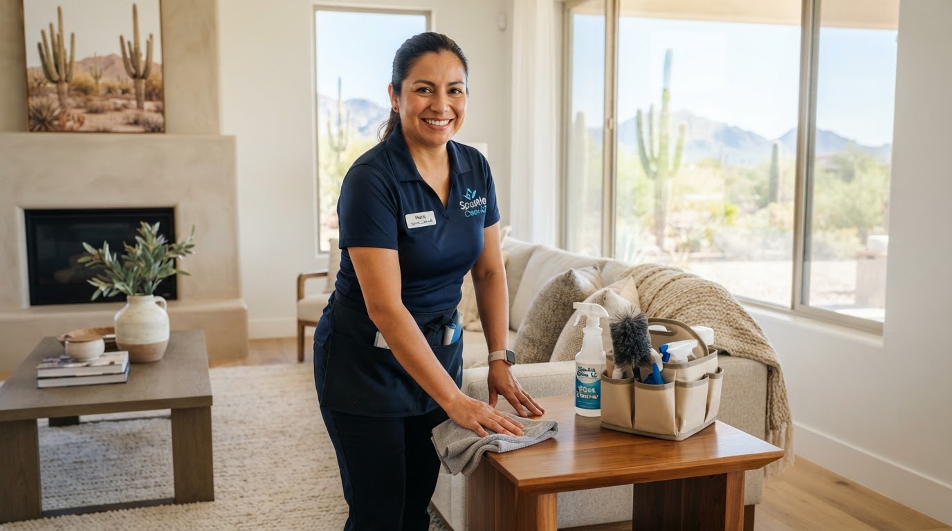 Friendly professional house cleaner in uniform holding cleaning supplies in a bright, clean Arizona living room