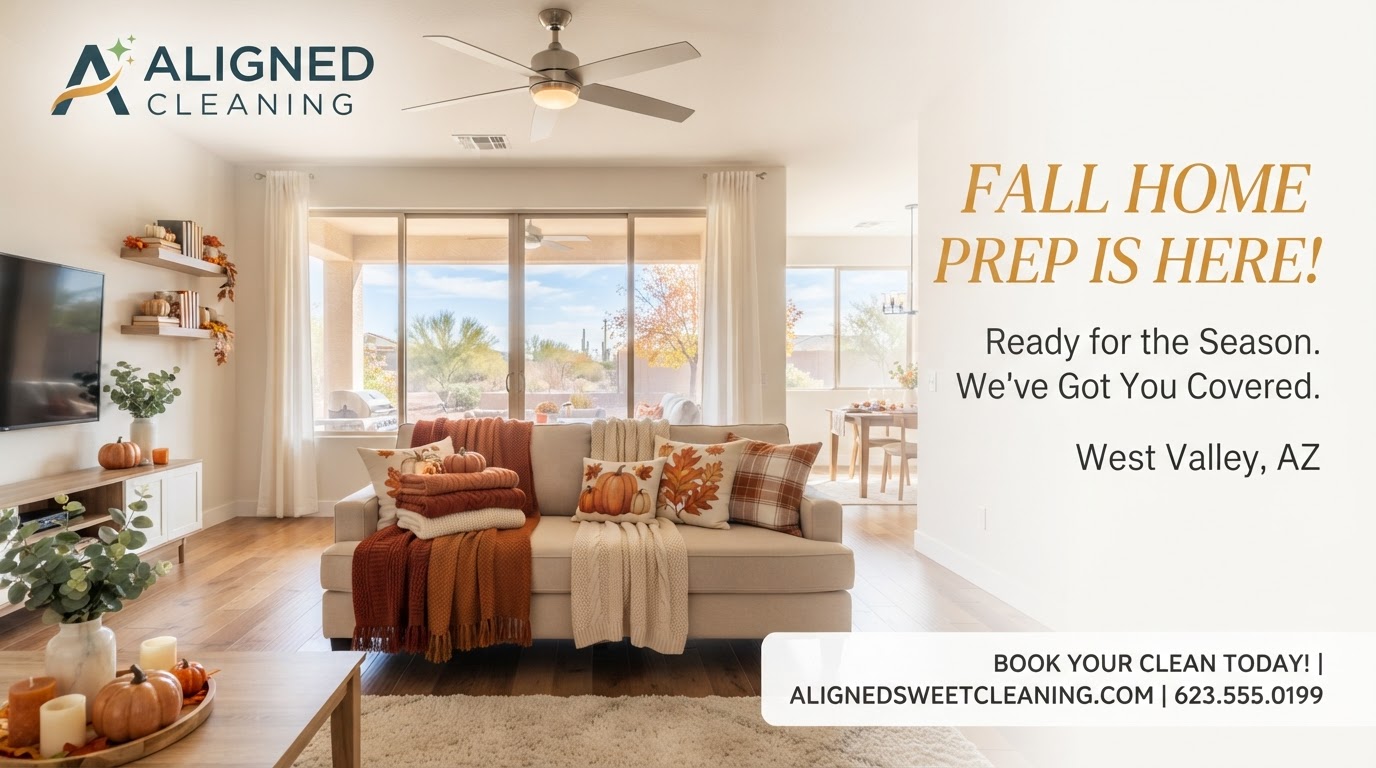 Bright, freshly cleaned Arizona living room ready for fall with warm light through clean windows