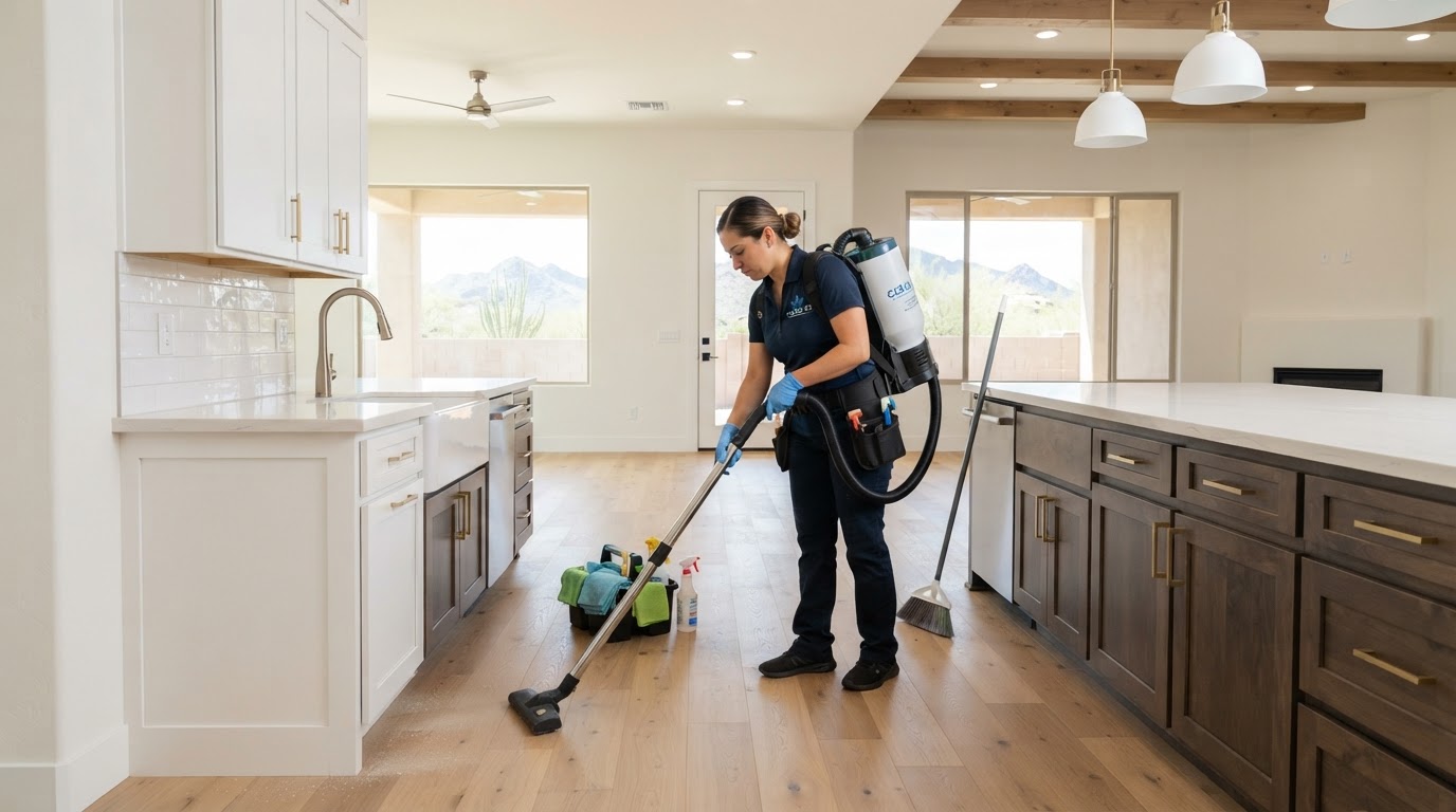 Professional post-construction cleaning in a freshly renovated Arizona home with HEPA vacuum equipment removing fine construction dust