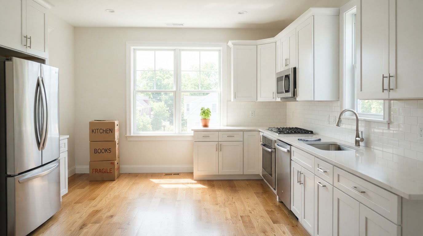 Spotless, freshly cleaned empty apartment kitchen ready for move-out walkthrough