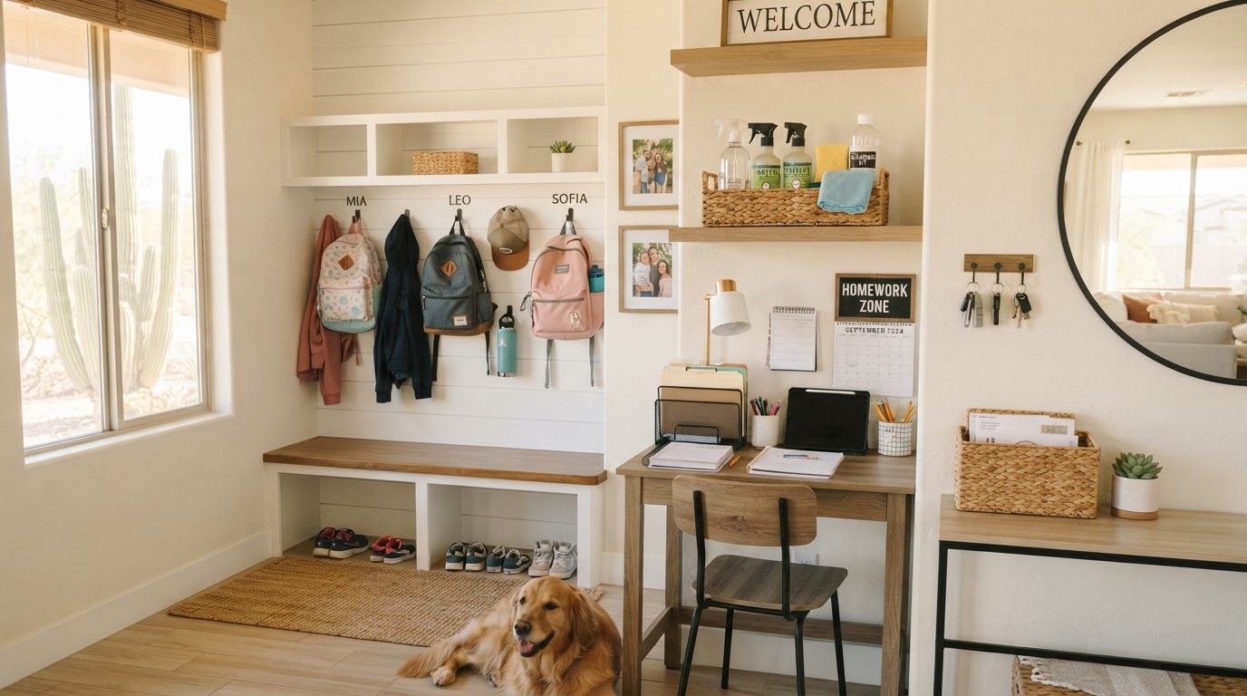 Organized, clean family home entryway ready for back-to-school season