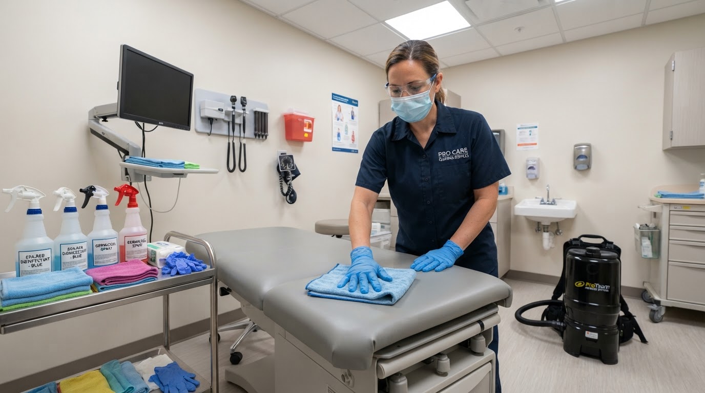 Professional medical office cleaning crew in PPE using color-coded microfiber cloths and EPA-registered disinfectants to clean a West Valley Arizona exam room