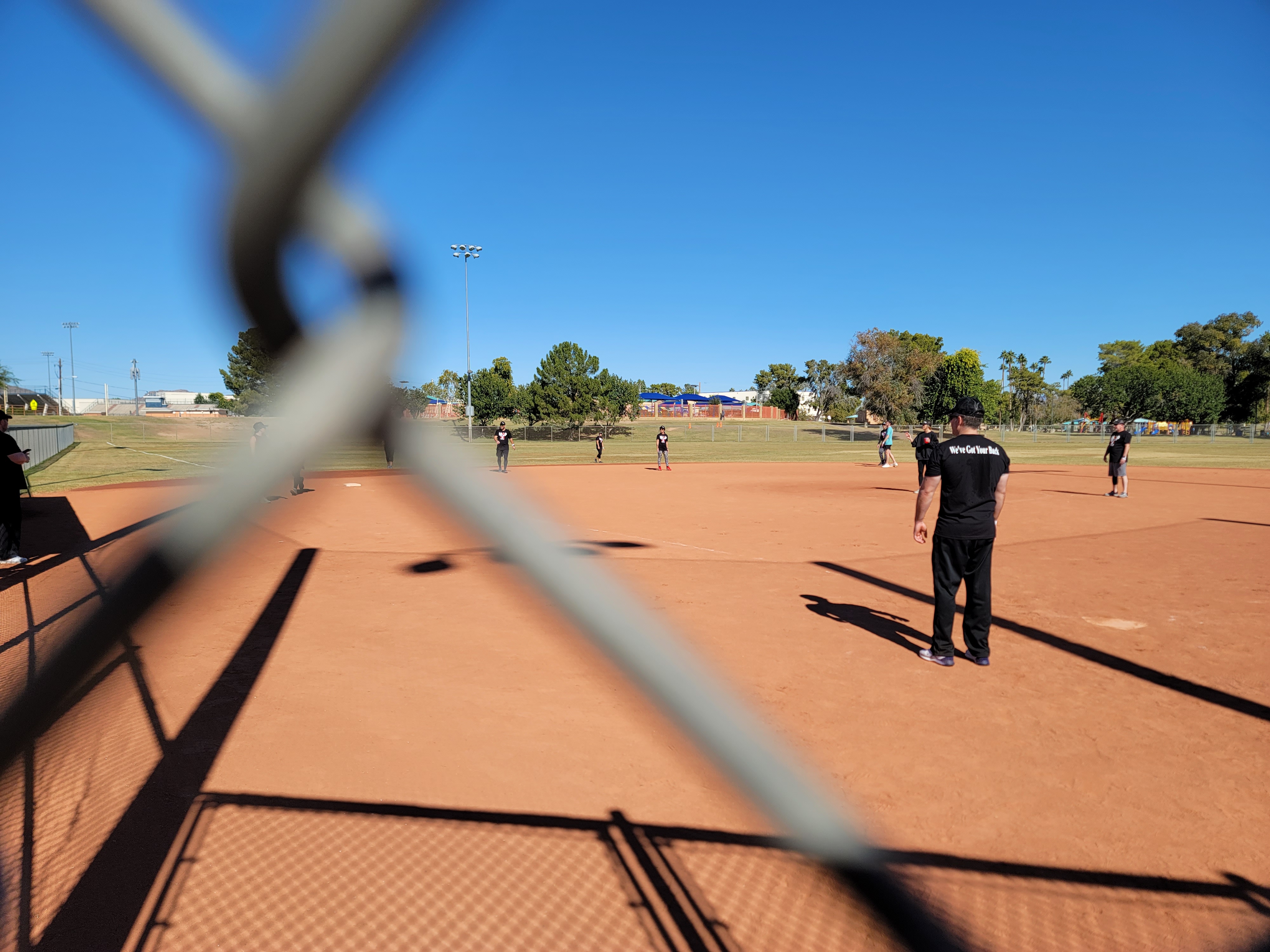 Infield action and defense during the Stars & Strikes kickball tournament