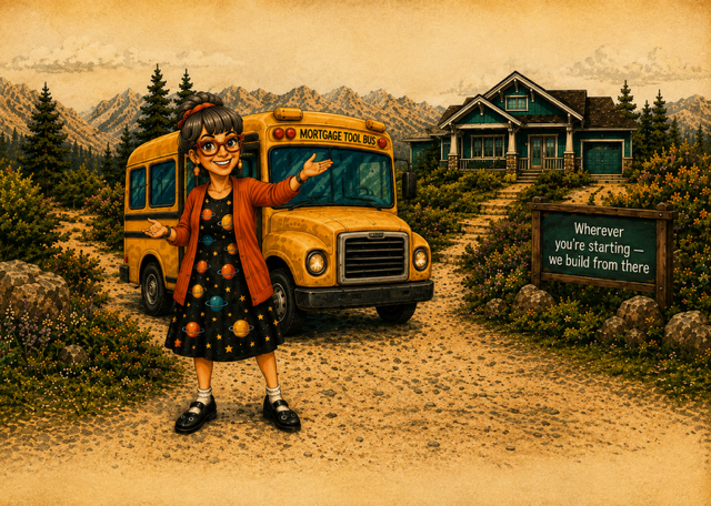 Kat Fish driving the Mortgage Tool Bus down a winding road toward a home — your roadmap to homeownership
