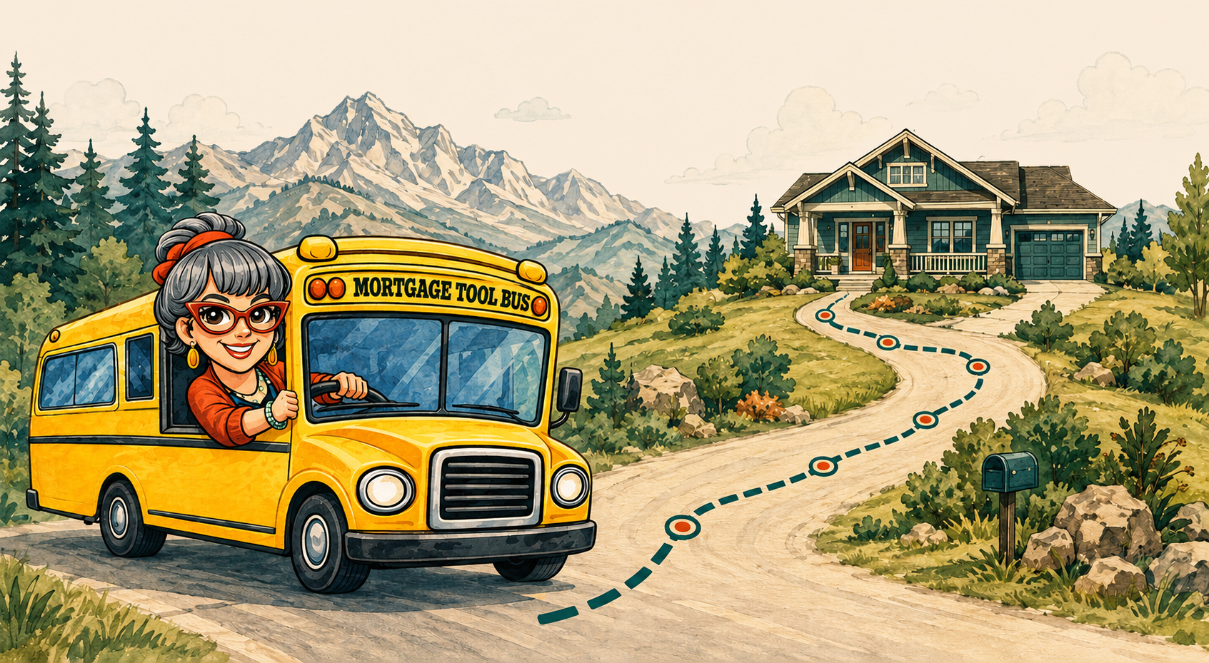 Kat Fish driving the Mortgage Tool Bus down a winding road toward a home — your roadmap to homeownership