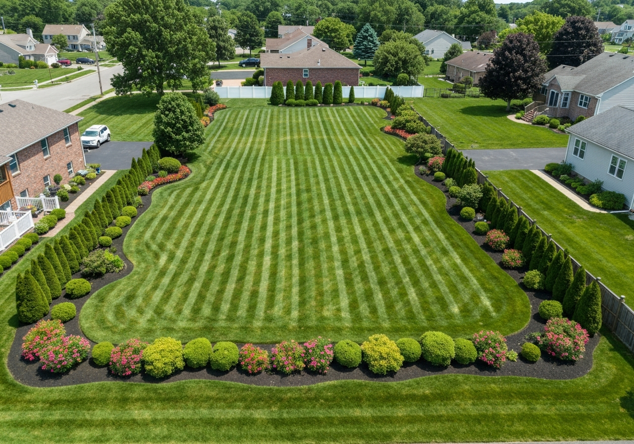 Aerial view of neatly maintained residential lawn Nassau County Long Island NY — professional lawn maintenance