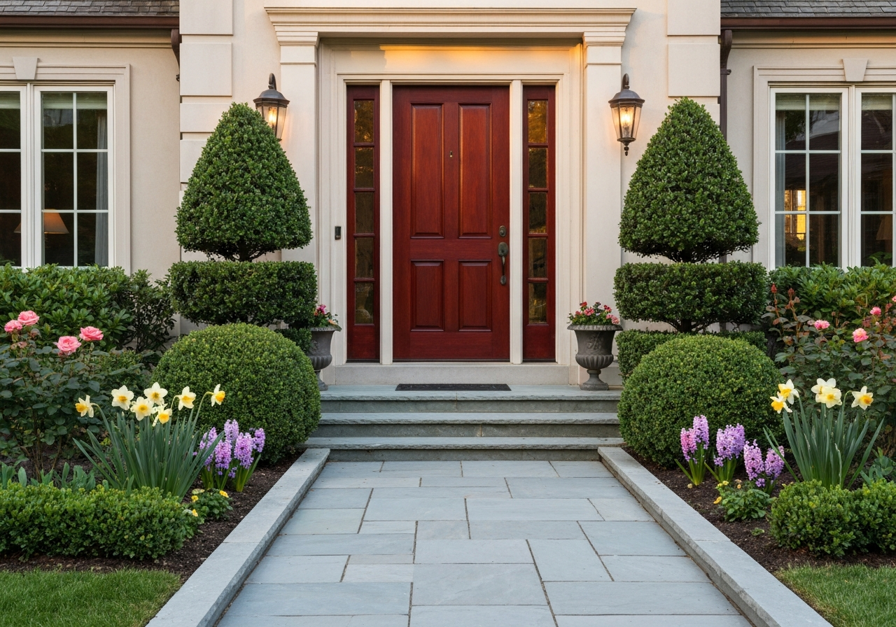 Elegant front entry of a Long Island NY home with trimmed topiaries and blooming flower beds — curb appeal landscaping