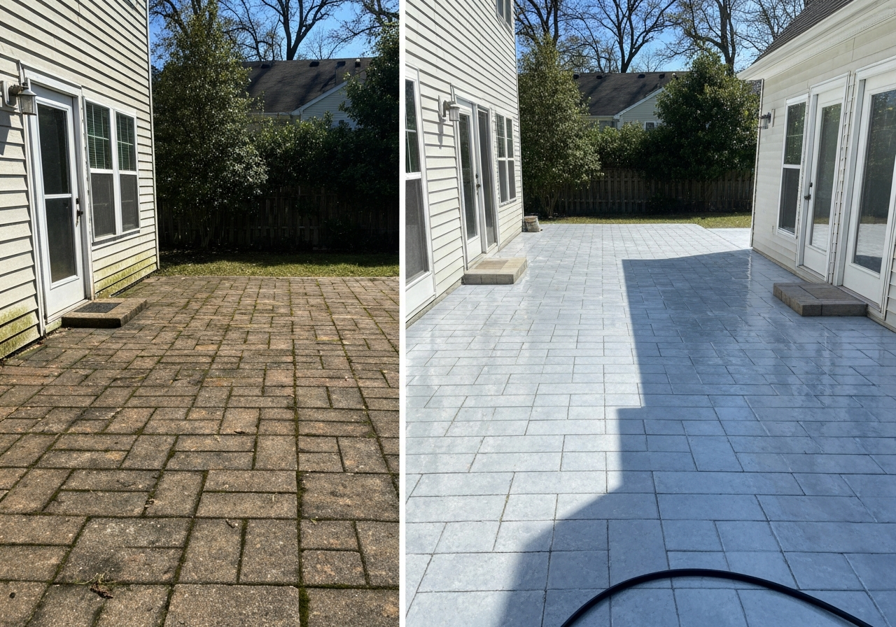 Before and after comparison of residential patio power washing Long Island NY — dramatic surface cleaning results