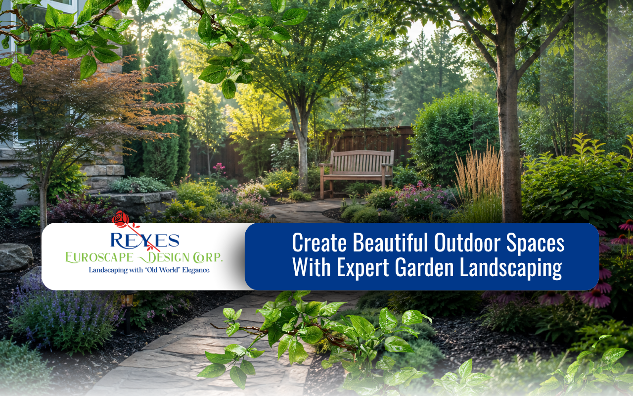 Garden landscaping design with balanced plants and pathways