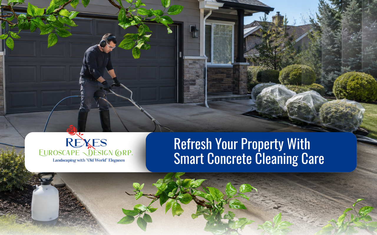 Concrete cleaning on a residential driveway with visible surface stains