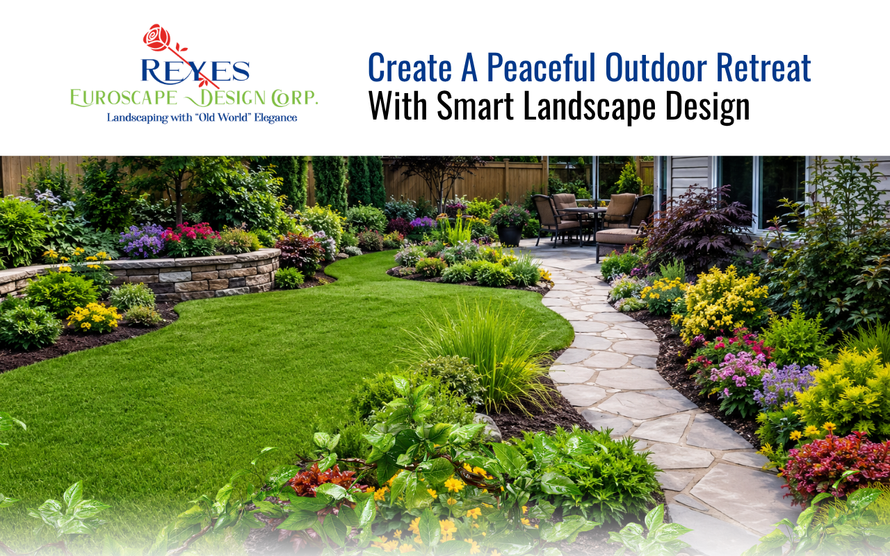 Landscape design with a balanced garden layout and colorful plants