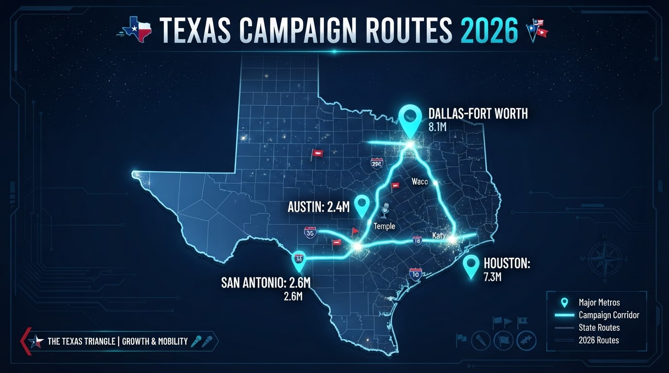 Map of Texas showing mobile billboard campaign routes connecting Houston, Dallas, Fort Worth, Austin, and San Antonio