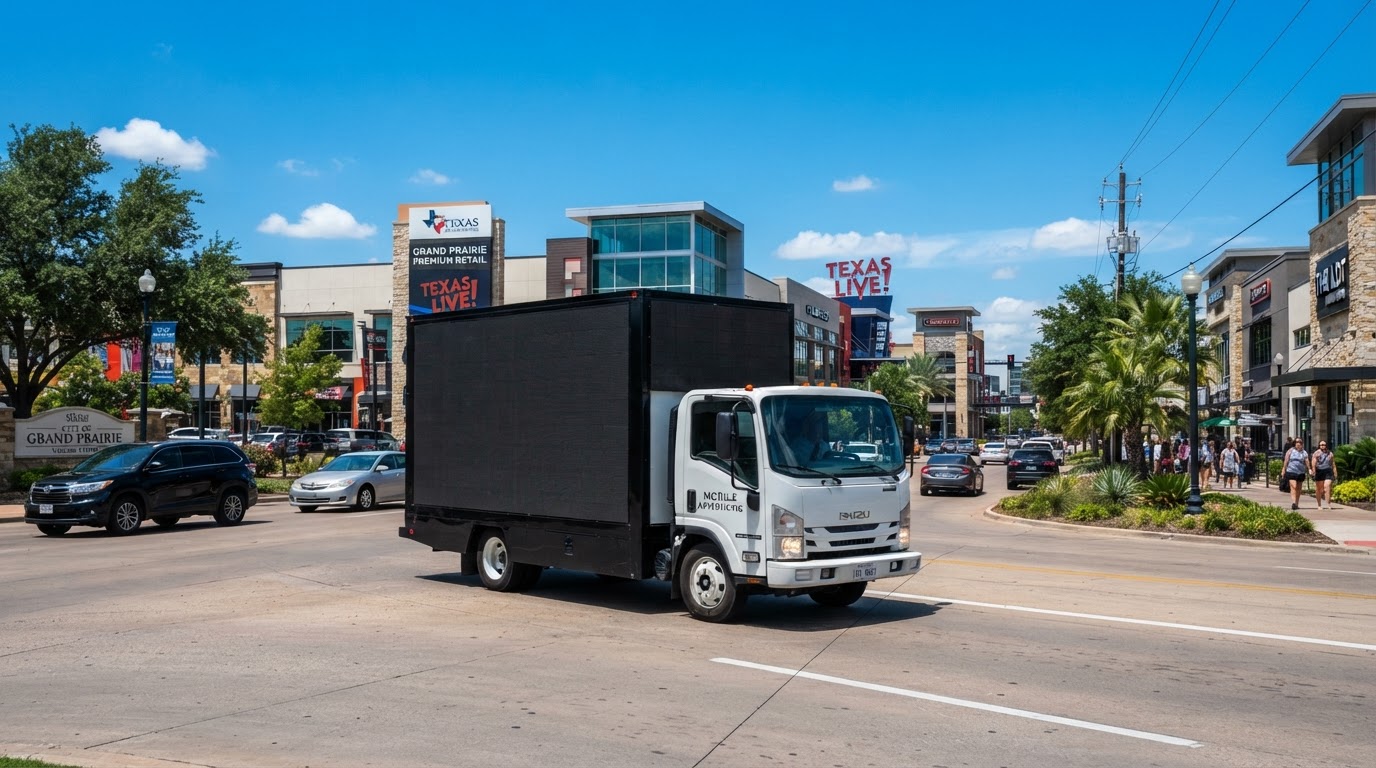 Motivo mobile billboard truck driving along a sunny commercial boulevard in Grand Prairie, Texas near retail and entertainment districts with clear blue skies