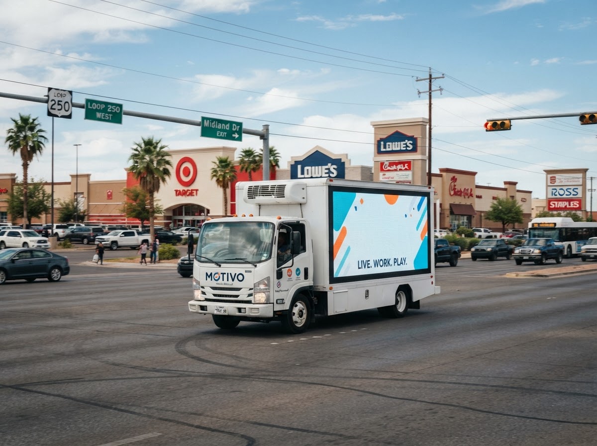Motivo mobile billboard truck along a Midland retail and commercial corridor near Loop 250 and Midland Dr