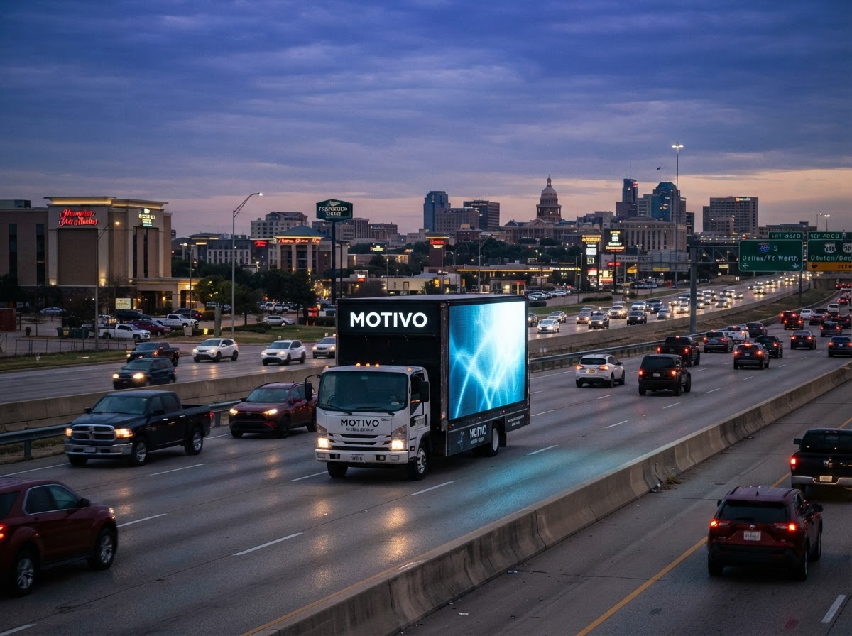 Motivo mobile LED billboard truck along the I-35E corridor in Denton Texas at dusk with commuter traffic