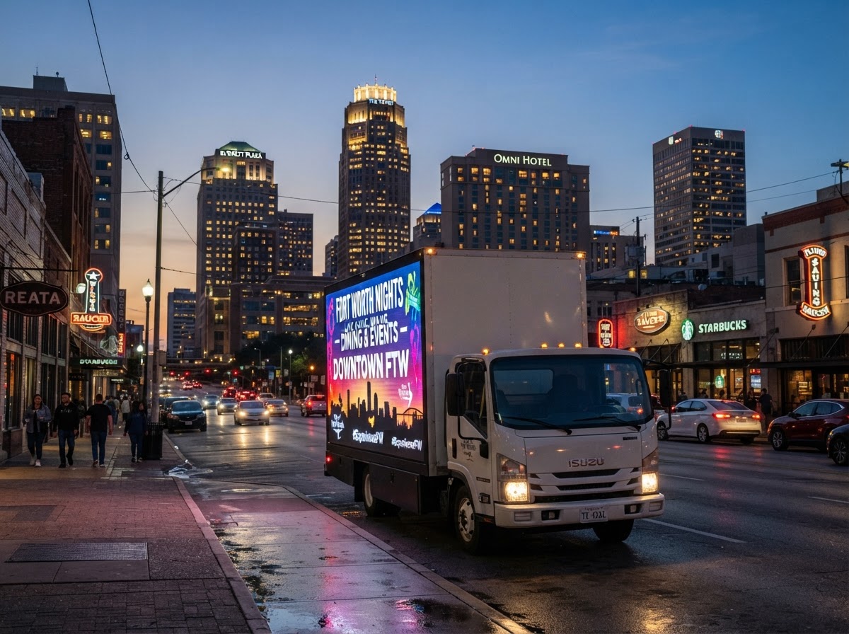 Motivo mobile billboard truck in Downtown Fort Worth business district at dusk