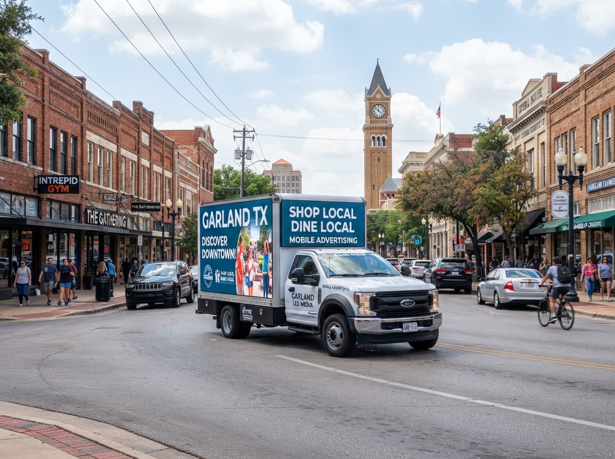 Motivo mobile billboard truck on a Downtown Garland business district route during the day