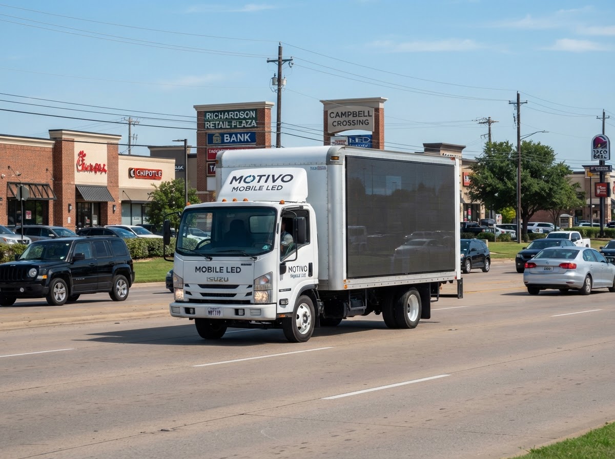 Motivo mobile LED billboard truck along Belt Line Road in Richardson Texas with retail centers and commercial businesses