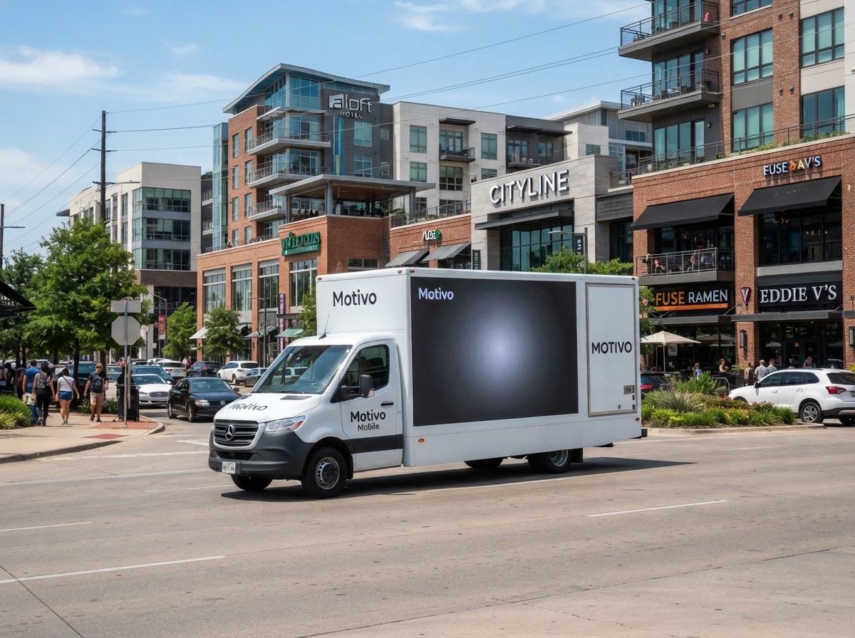 Motivo mobile billboard truck near the CityLine mixed-use development in Richardson Texas with modern residential and retail buildings