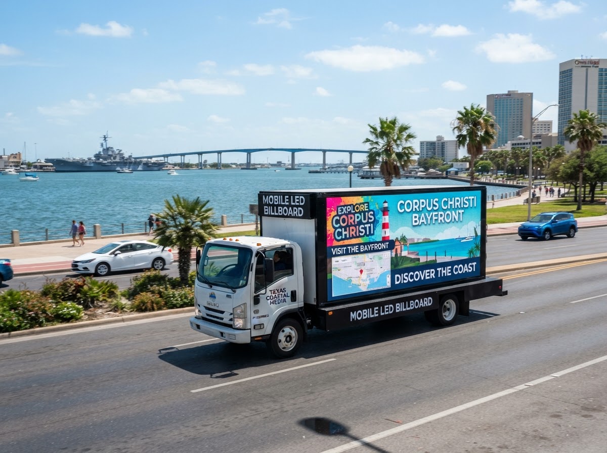 Motivo mobile billboard truck driving through Downtown Corpus Christi near the waterfront