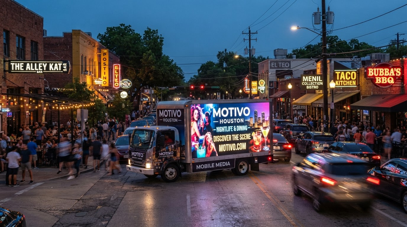 Motivo mobile billboard truck on a Houston restaurant and nightlife corridor at dusk