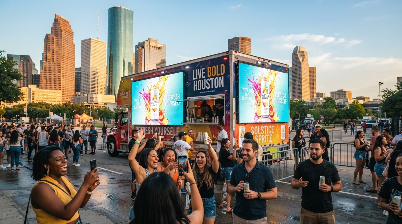 Branded experiential marketing truck with bright LED video screens at a downtown Houston brand activation event with crowds gathering and interacting