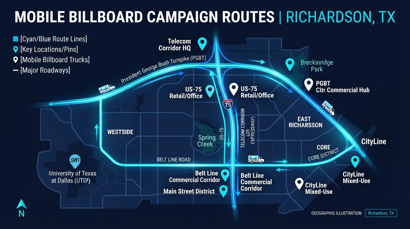 Bright map of Richardson, Texas showing Motivo mobile billboard campaign routes connecting the Telecom Corridor, US-75, President George Bush Turnpike, Belt Line Road, and CityLine