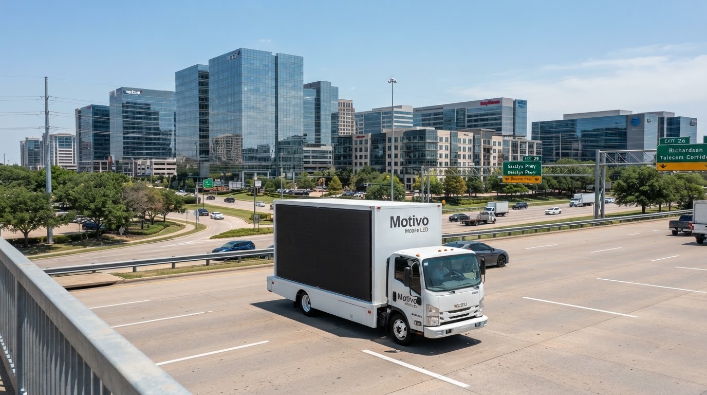 Motivo mobile LED billboard truck driving through the Richardson Texas Telecom Corridor with modern glass office towers and clear blue skies