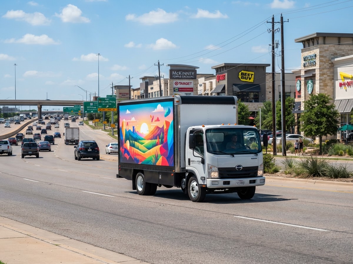 Motivo mobile billboard truck near a McKinney retail and shopping corridor along US-75