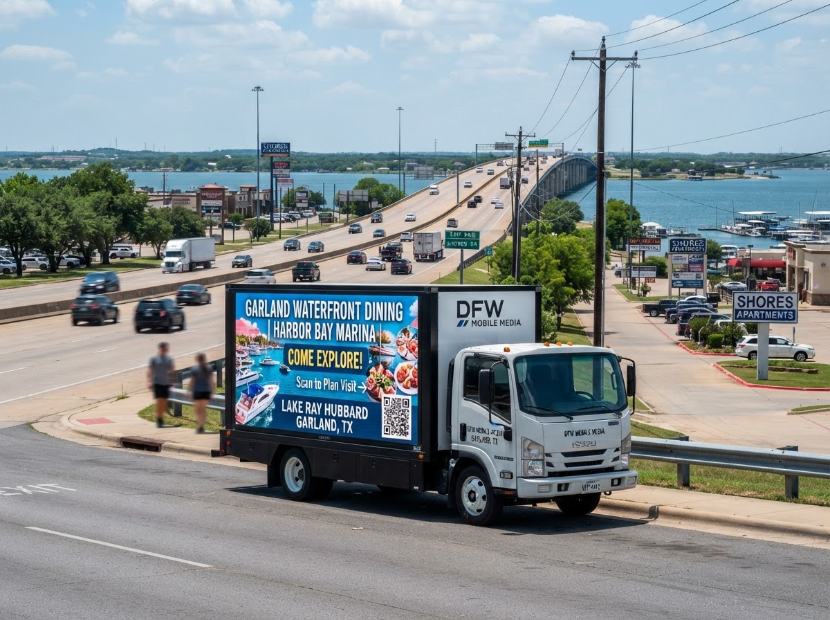 Motivo mobile billboard truck near Lake Ray Hubbard commercial corridor in Garland