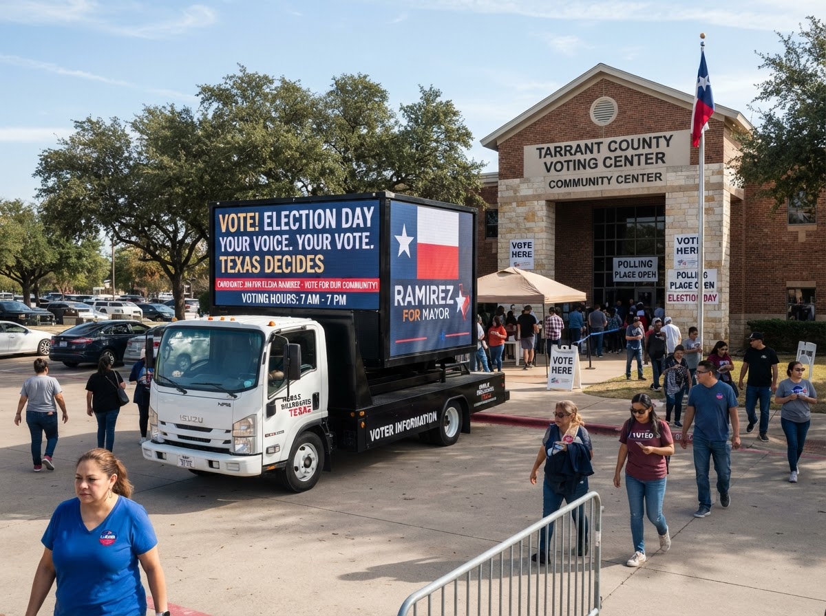 Mobile billboard truck parked near a Texas polling station to promote voter outreach