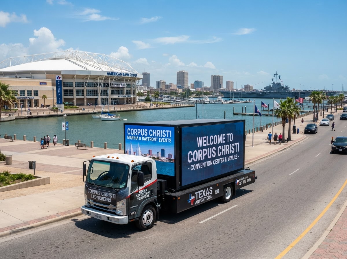 Motivo mobile LED billboard truck near a Corpus Christi event venue and convention center by the bay