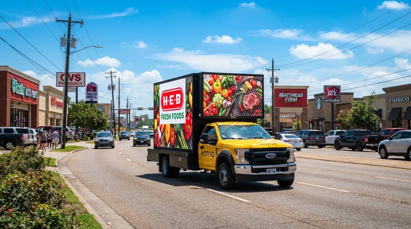 Motivo mobile LED billboard truck driving along a sunny commercial corridor in Beaumont, Texas with retail storefronts and clear blue skies