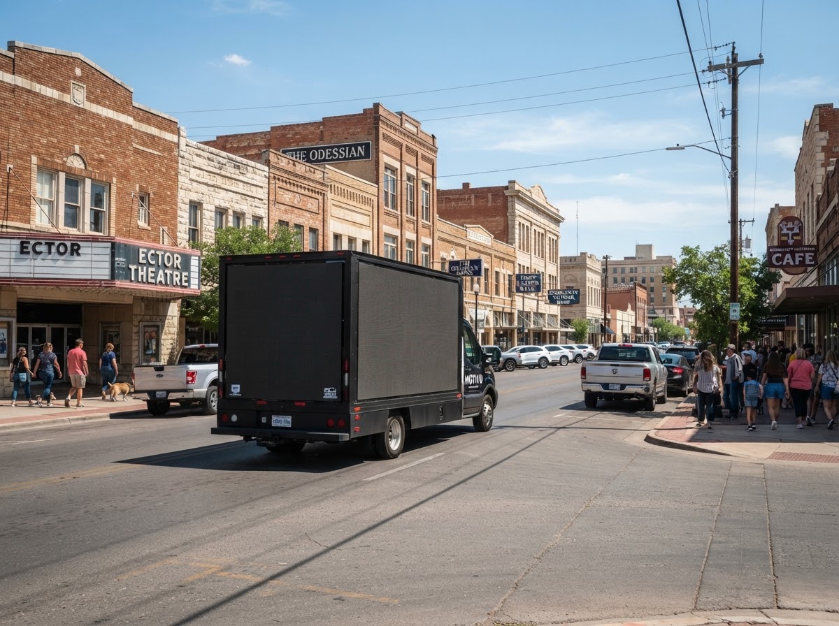 Motivo mobile billboard truck in Downtown Odessa, Texas during the day with West Texas commercial buildings