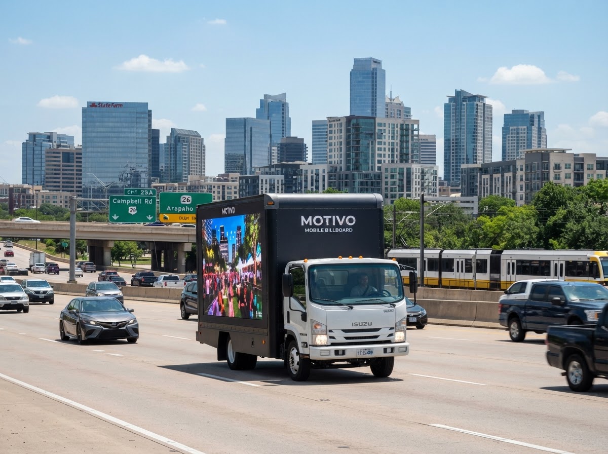 Motivo mobile billboard truck along the US-75 North Central Expressway corridor in Richardson Texas near modern office towers