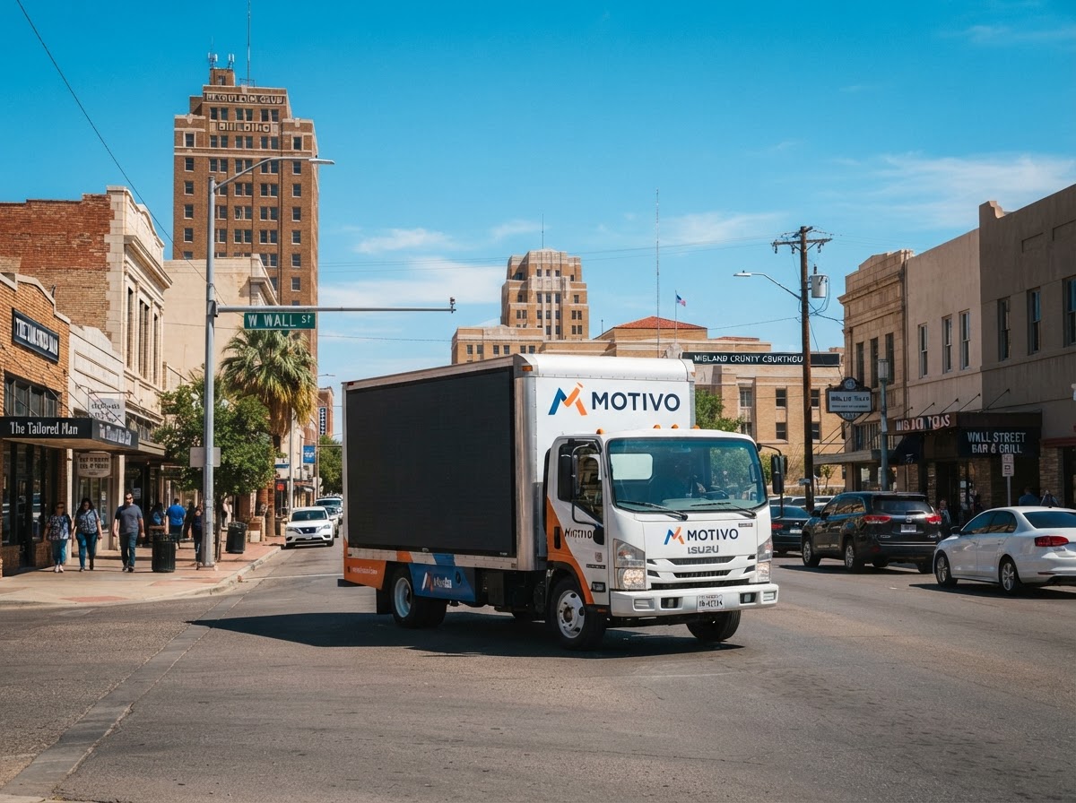 Motivo mobile billboard truck in Downtown Midland, Texas during the day with West Texas commercial buildings