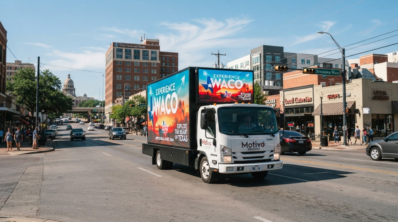 Motivo mobile LED billboard truck driving through Downtown Waco, Texas near Central Texas commercial buildings on a sunny day with clear blue skies