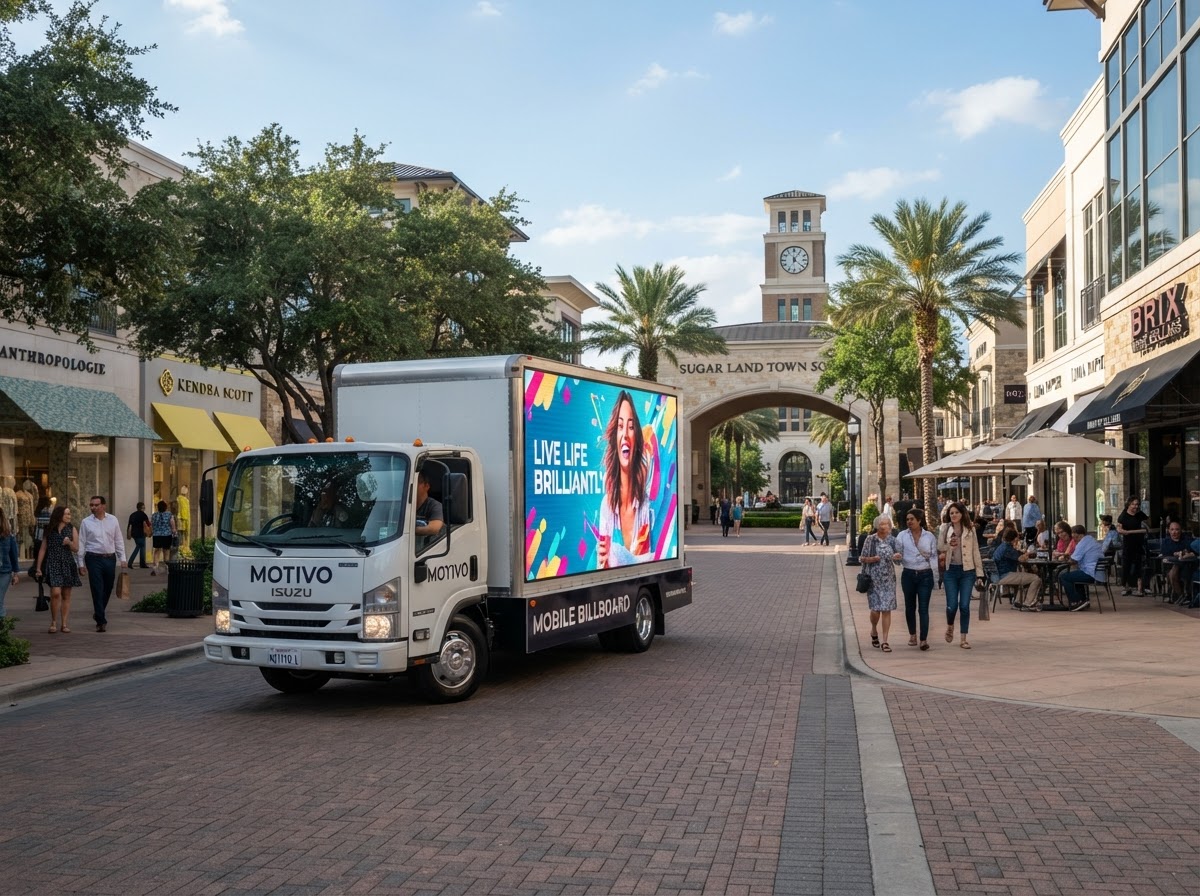 Motivo mobile billboard truck in Sugar Land Town Square Texas with upscale retail and pedestrian plaza during the day