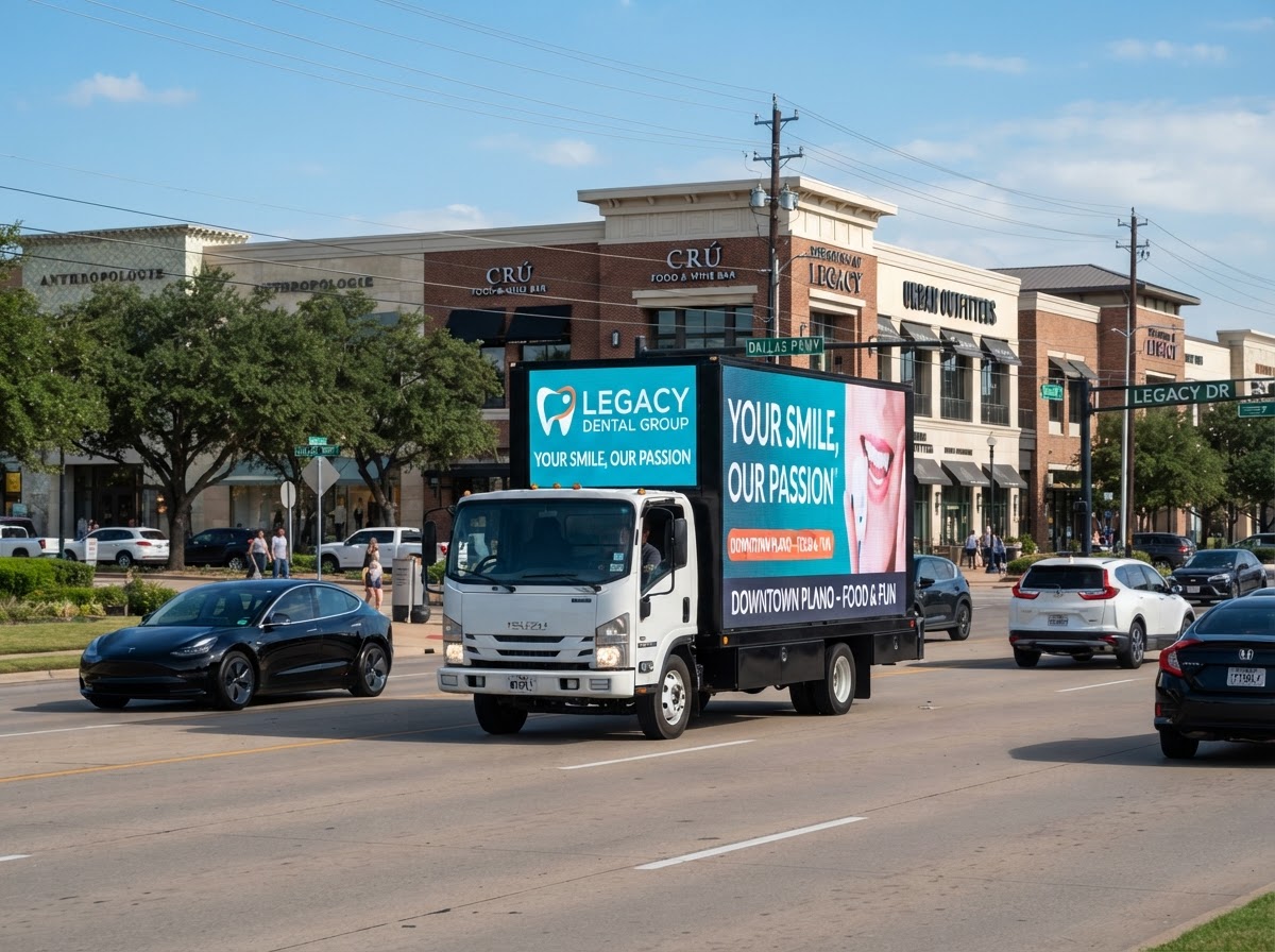 Motivo mobile billboard truck on a Plano retail and shopping corridor near Shops at Legacy