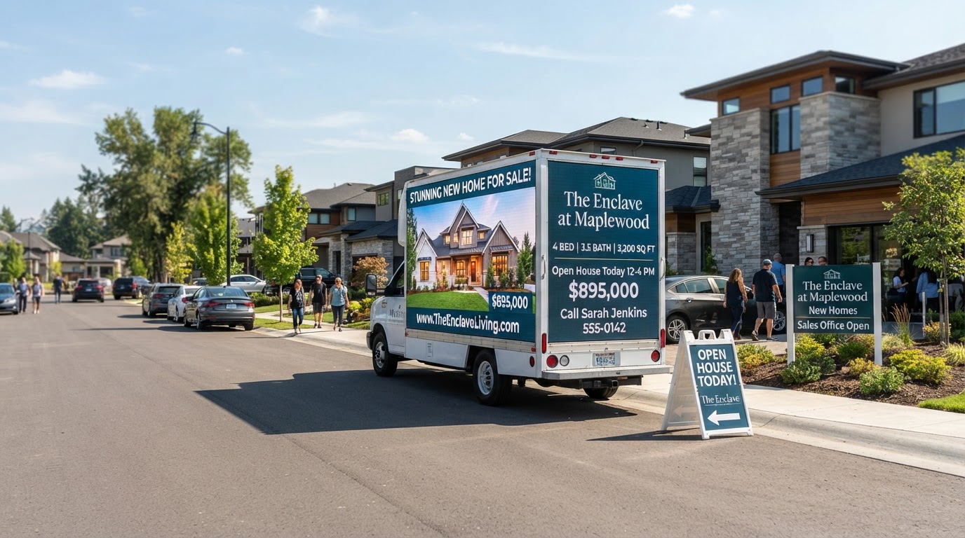 Motivo LED mobile billboard truck displaying a real estate listing near a modern residential development