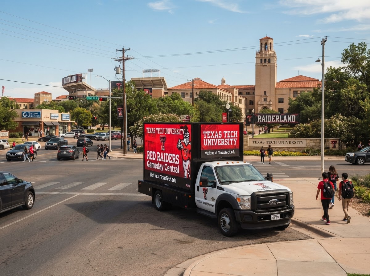Motivo mobile billboard truck near Texas Tech University campus in Lubbock