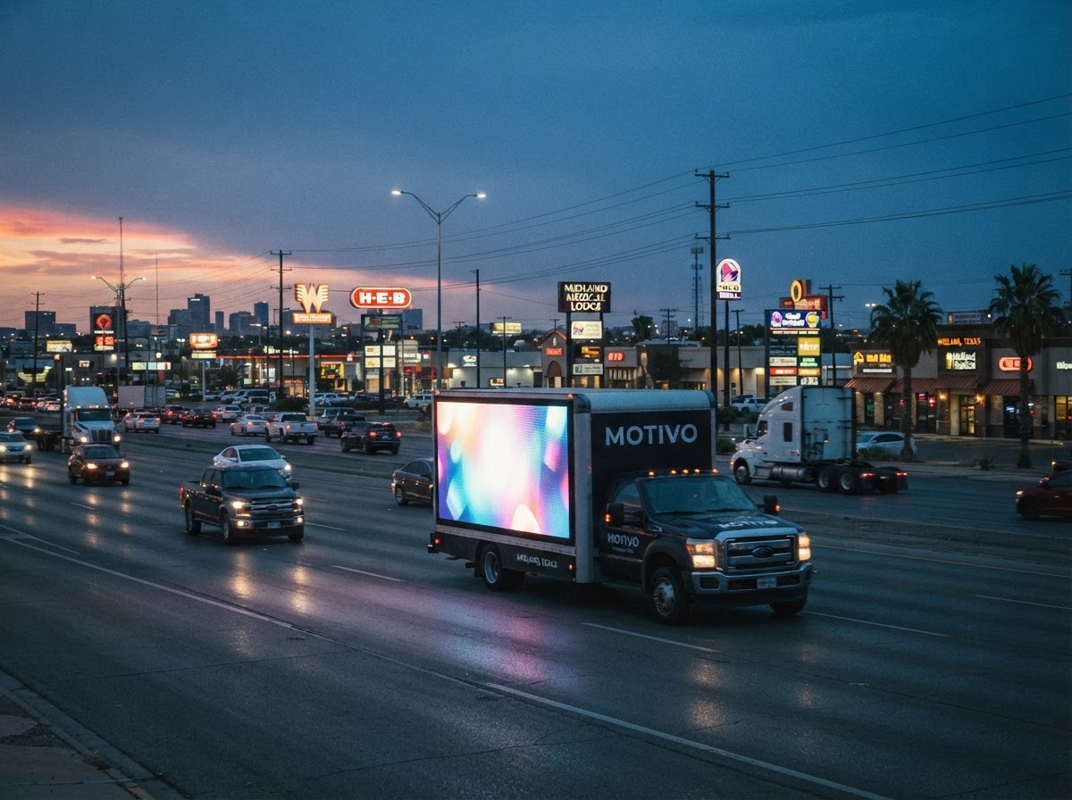 Motivo mobile billboard truck along the Andrews Highway commercial corridor in Midland at dusk