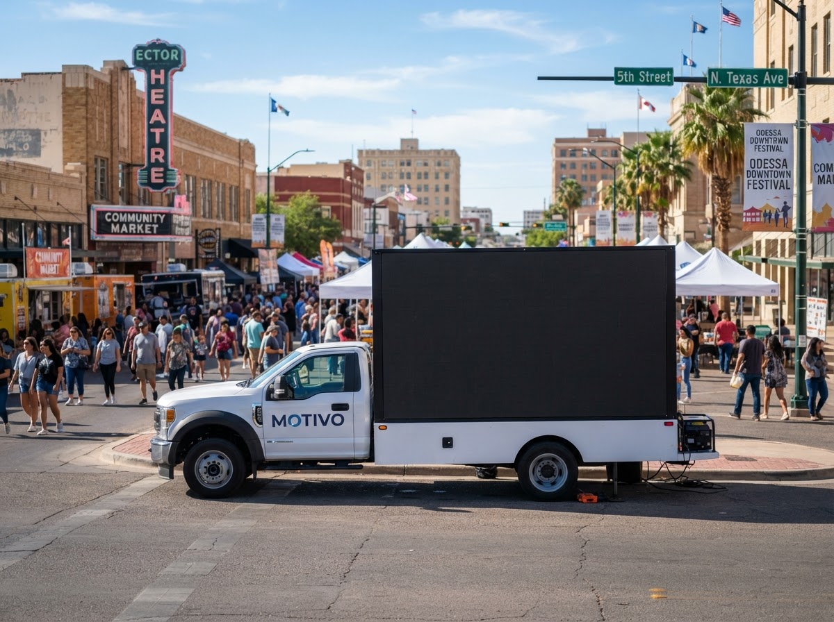 Motivo mobile LED billboard truck near an Odessa community event venue and downtown festival area