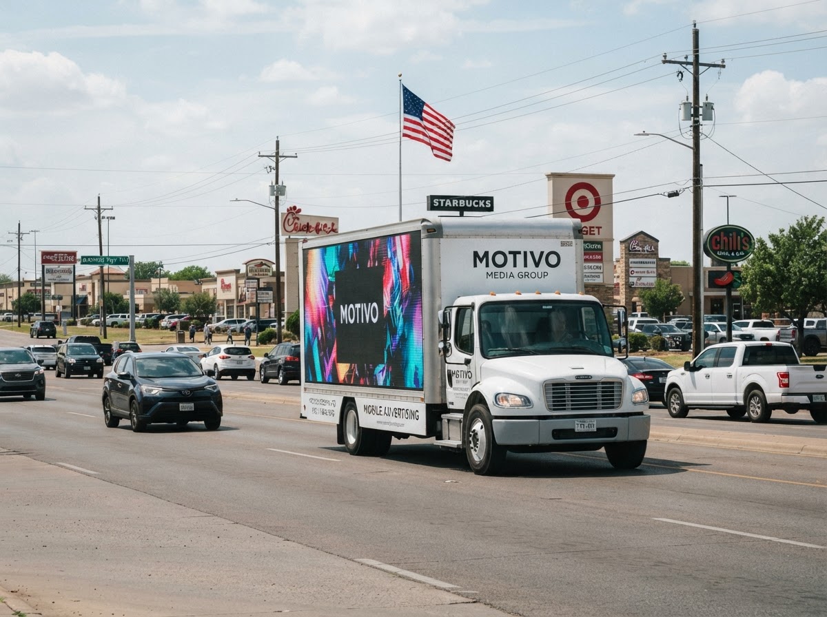 Motivo mobile billboard truck along an Abilene retail and commercial corridor near Buffalo Gap Rd and Loop 322