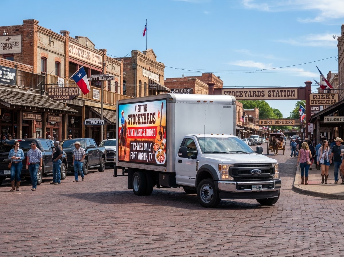 Motivo mobile billboard truck on a Fort Worth Stockyards district route during the day