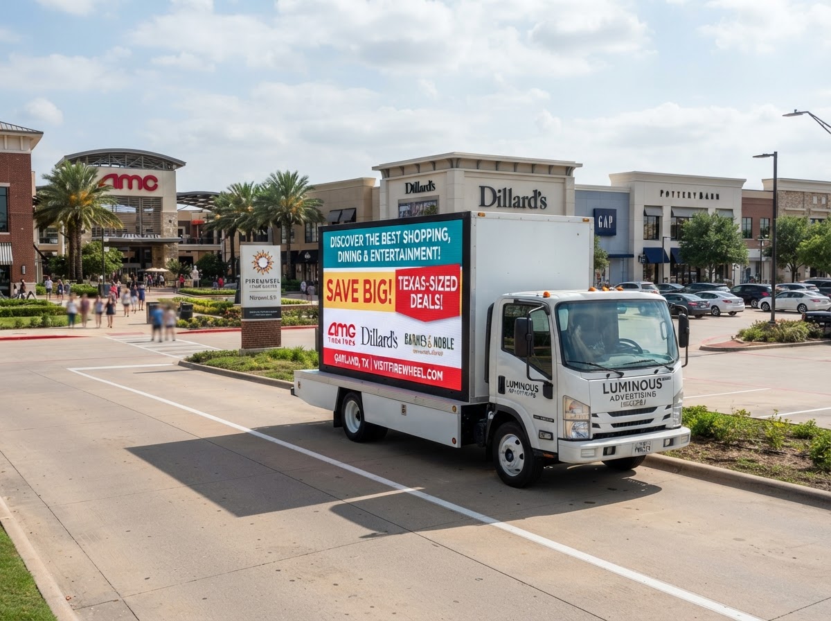 Motivo mobile billboard truck near Firewheel Town Center retail area in Garland