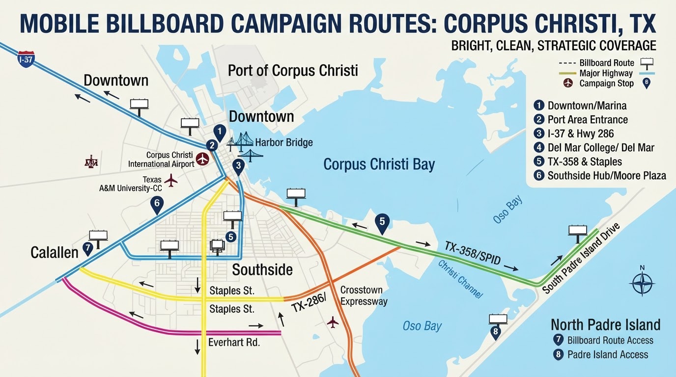 Bright map of Corpus Christi, Texas showing Motivo mobile billboard campaign routes connecting Downtown, the Port area, the Southside, and Padre Island access along I-37, SPID/TX-358, Crosstown Expressway/TX-286, and the Staples and Everhart corridors