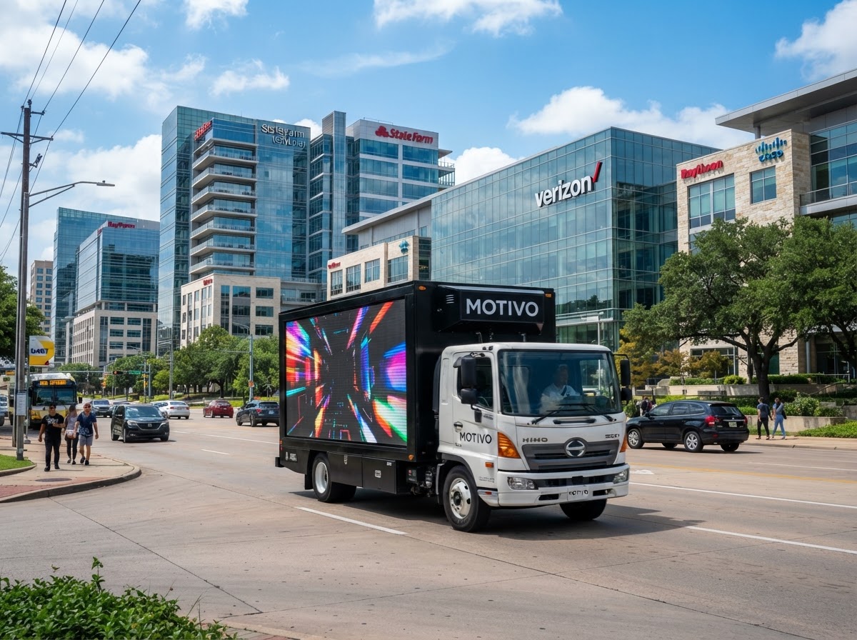 Motivo mobile LED billboard truck in the Richardson Texas Telecom Corridor with glass office buildings and tech campuses