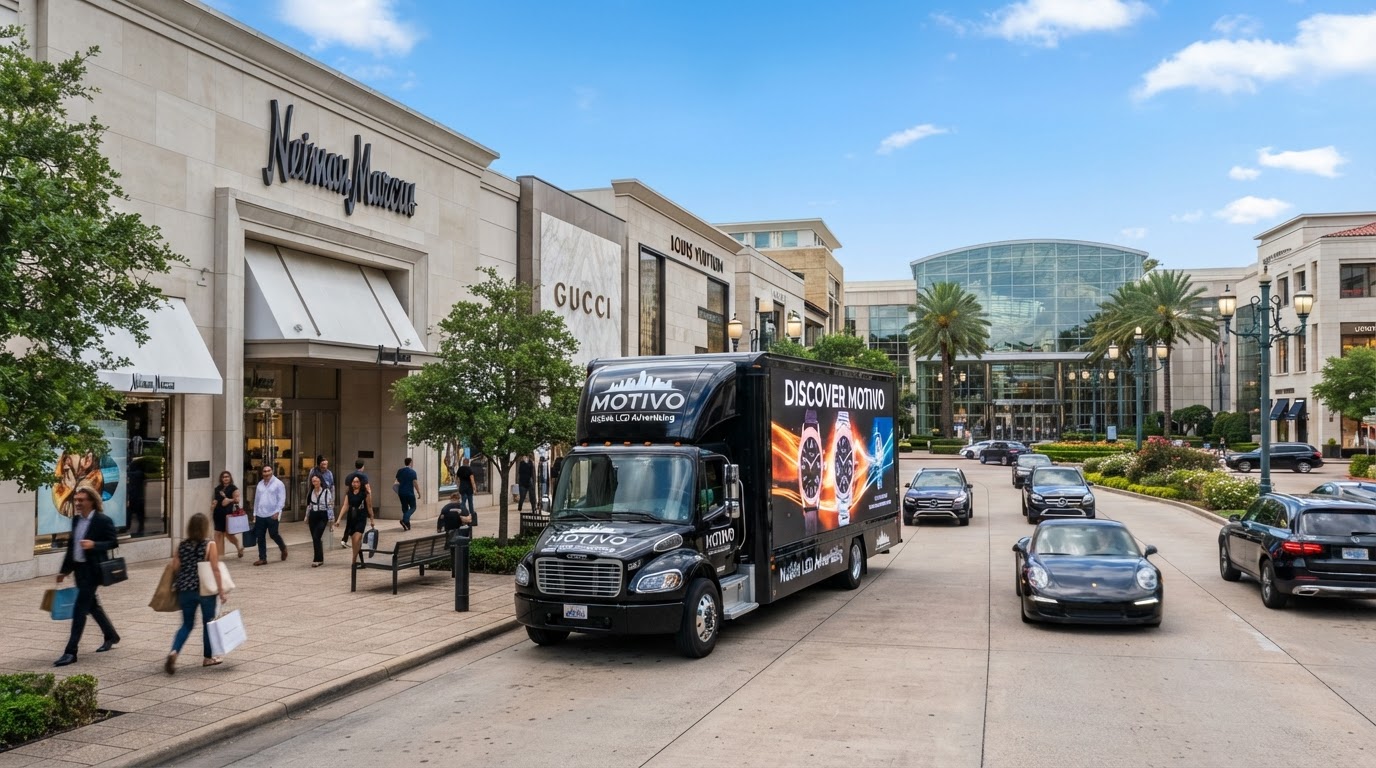 Motivo mobile LED billboard truck near the Galleria shopping area in Houston