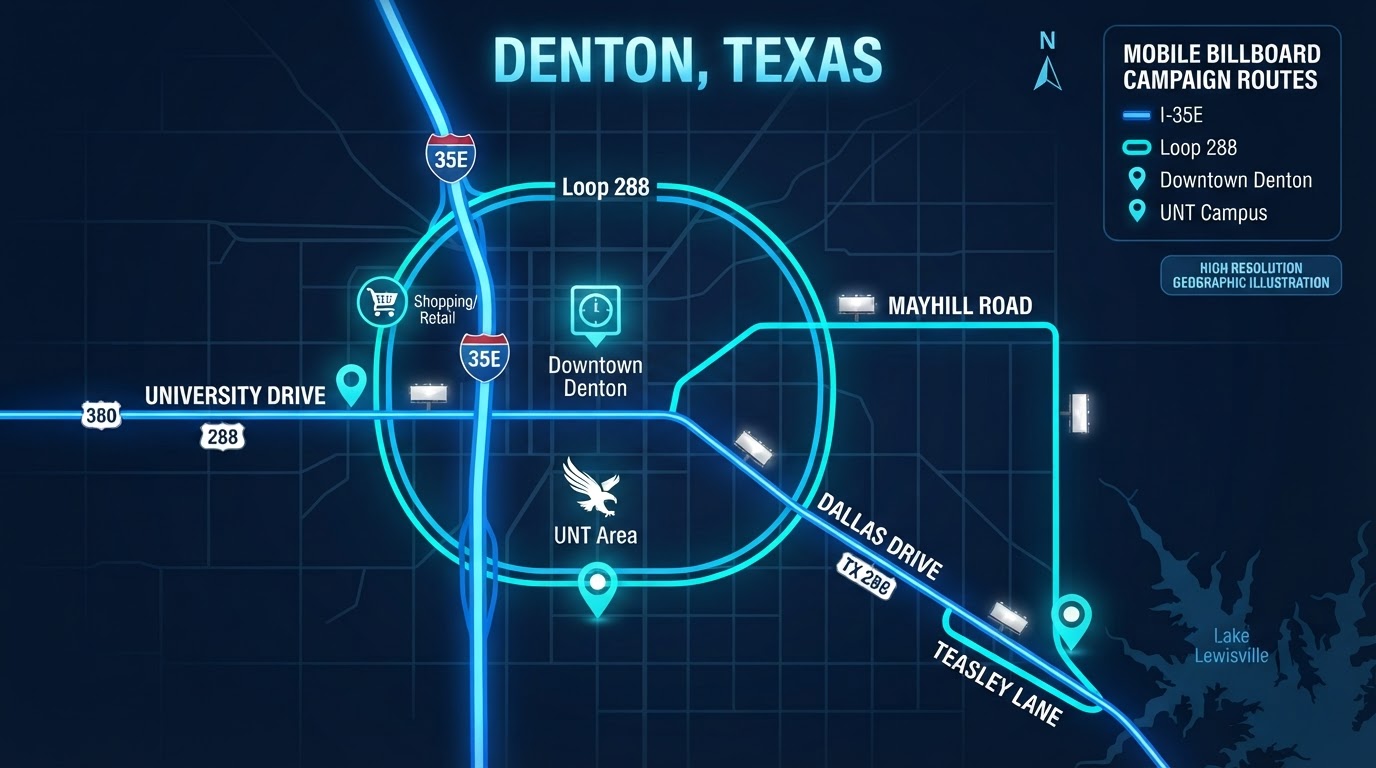 Bright map of Denton, Texas showing Motivo mobile billboard campaign routes connecting Downtown Denton, UNT area, Loop 288, I-35E, University Drive, Dallas Drive, Mayhill Road, and Teasley Lane